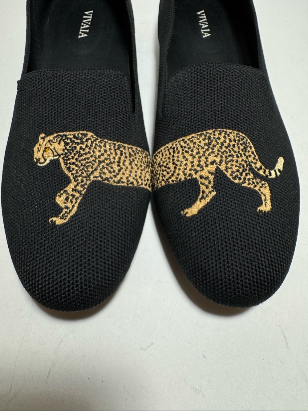 Vivaia Audrey Round-Toe Embroidered Leopard knit Black Flats Loafers Size 9 - Picture 6 of 15